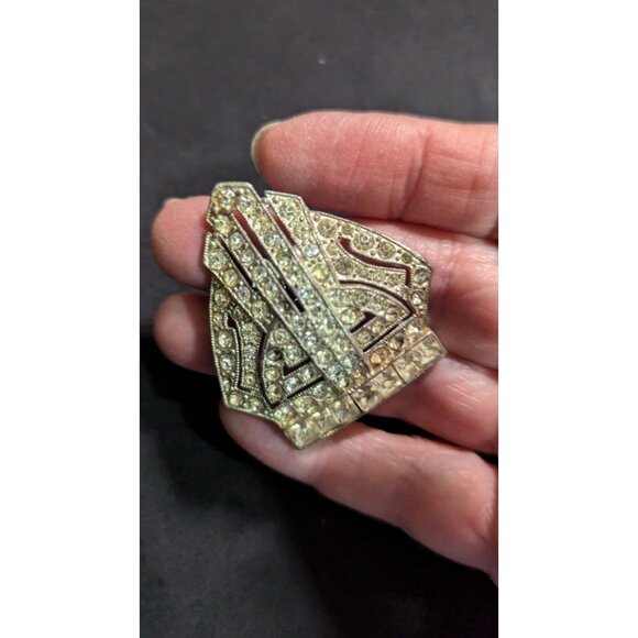 vtg Rhinestone Art Deco Dress  Clips Pair 2.5" Silver-Toned Geometric - Picture 3 of 5